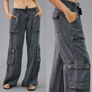 By Anthropologie | Washed Black Linen Blend Wide Leg Beach Cargo Pants 14